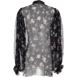 Black Floral Print Blouse with Front Knot in Chiffon for Women