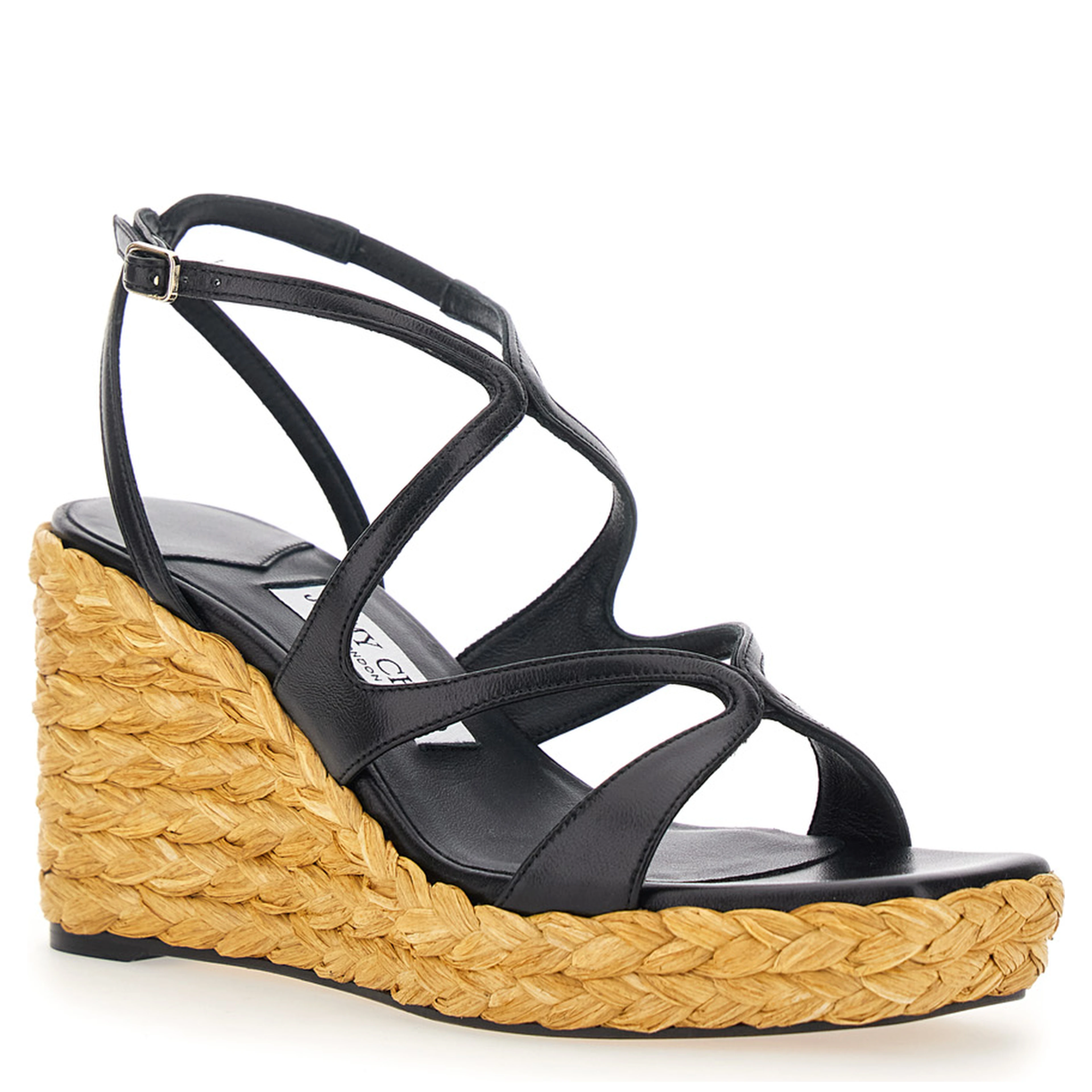 Ayla Black Wedges with Leather Ankle Strap and High Heel in Leather and Fabric Woman