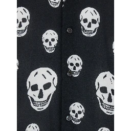 Black Pointed Collar Shirt with All-Over Skull Print for Men