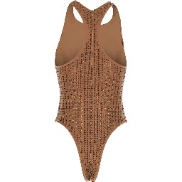 One-Piece Swimsuit with Racerback and Striped Sequins in Stretch Tech Fabric Brown Women