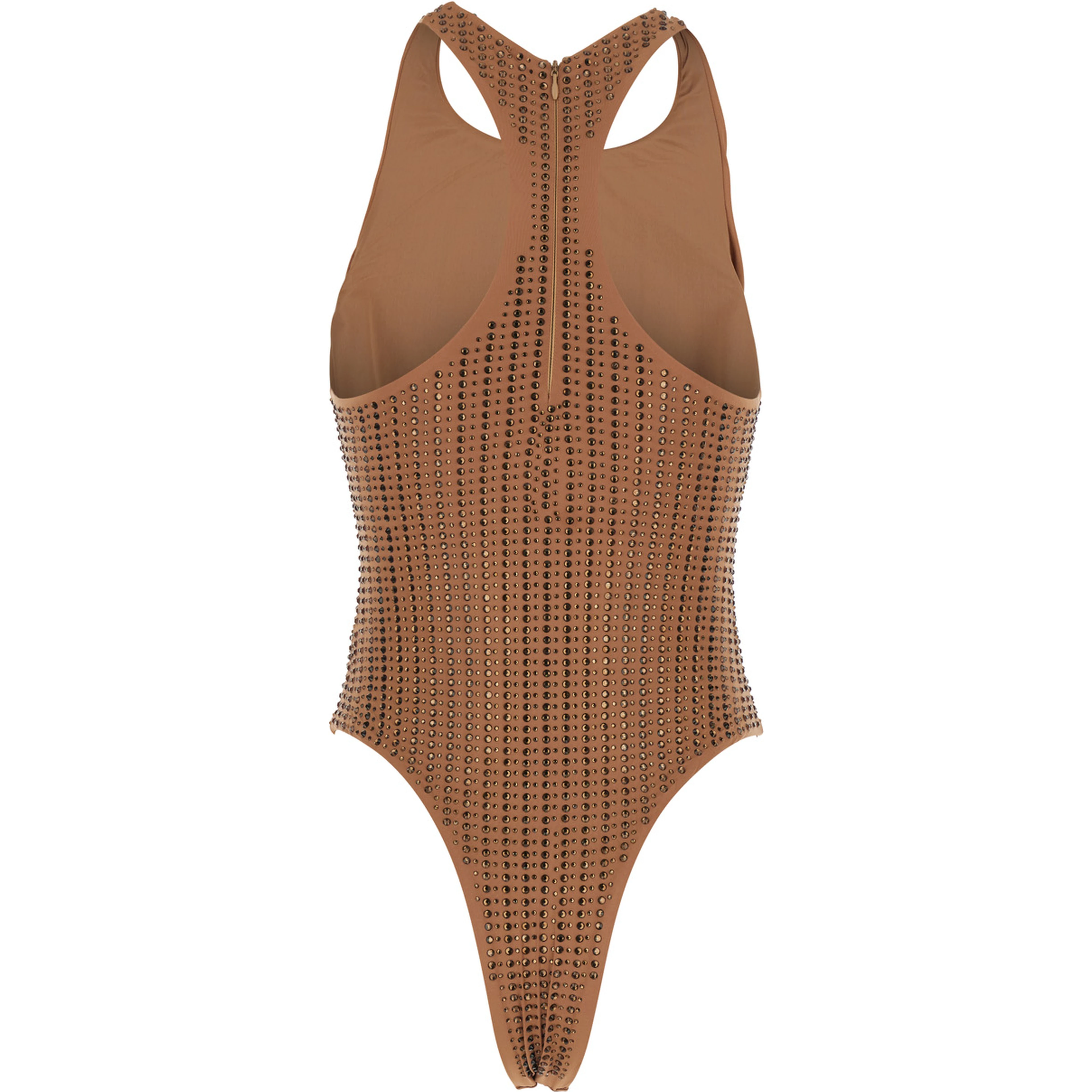 One-Piece Swimsuit with Racerback and Striped Sequins in Stretch Tech Fabric Brown Women