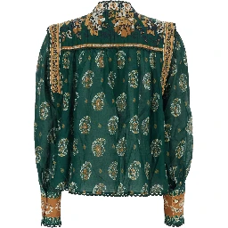 Ayla Green Blouse with Button Cuffs and All-Over Floral Motif in Cotton for Women