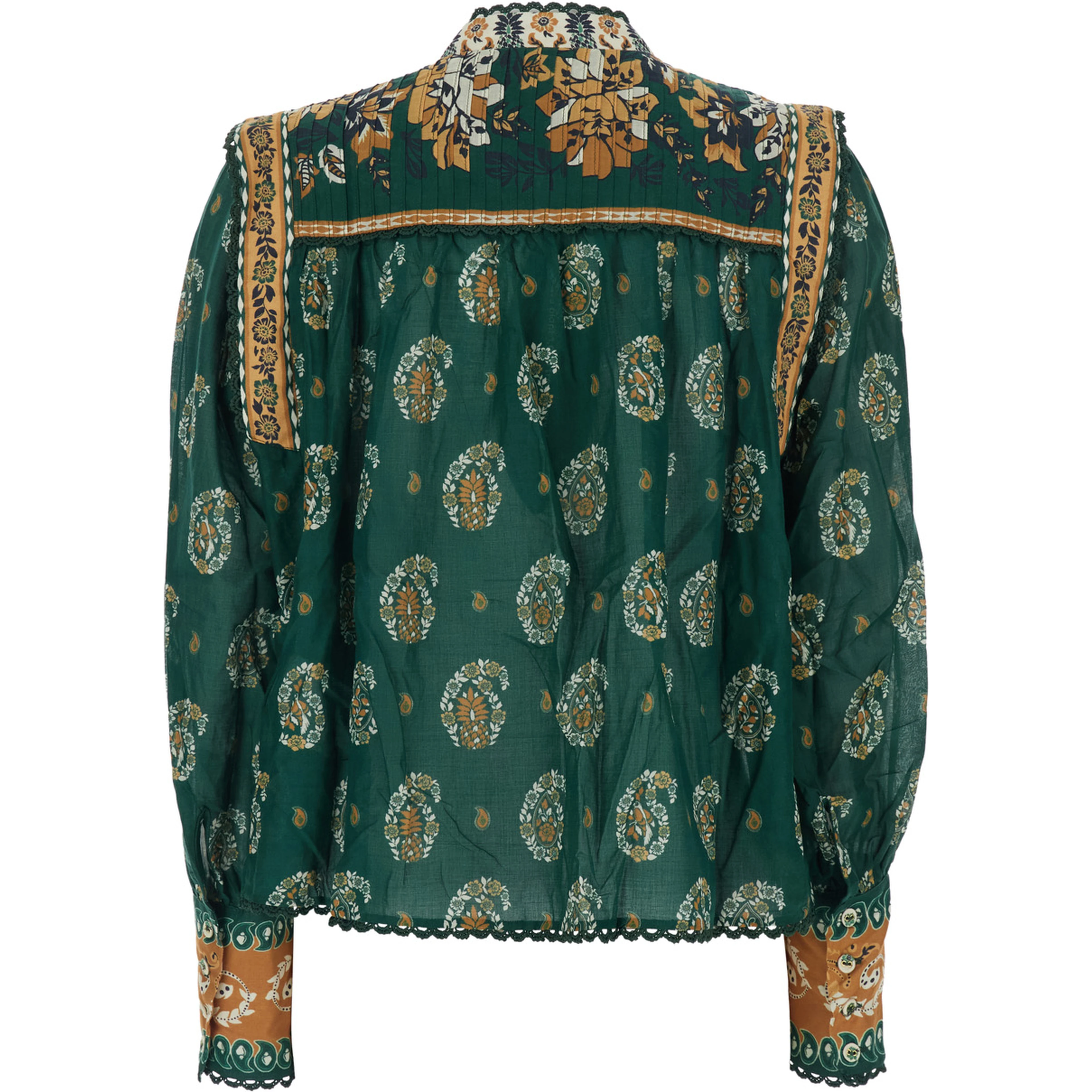 Ayla Green Blouse with Button Cuffs and All-Over Floral Motif in Cotton for Women
