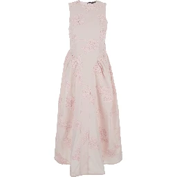 Long Dress Sleeveless with Round Neck and All-Over Floral Embroidery in Stretch Tech Fabric Pink Women