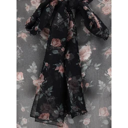 Black Floral Print Blouse with Front Knot in Chiffon for Women