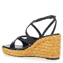 Ayla Black Wedges with Leather Ankle Strap and High Heel in Leather and Fabric Woman