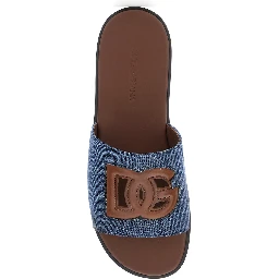 Brown Sandals with Cut-Out Logo and Denim Strap in Leather for Men