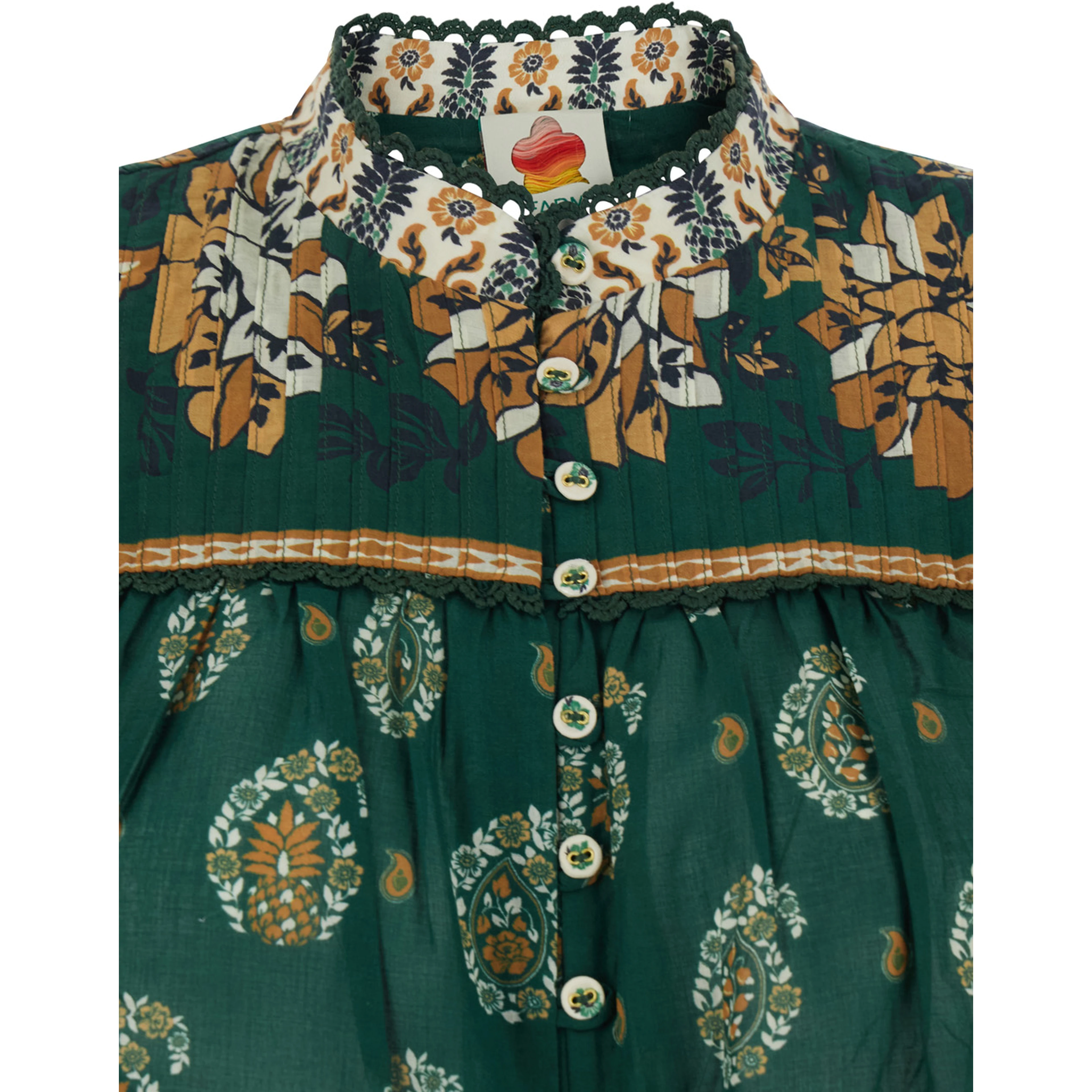 Ayla Green Blouse with Button Cuffs and All-Over Floral Motif in Cotton for Women