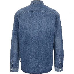 Blue Denim Long Sleeve Shirt with Front Logo for Men