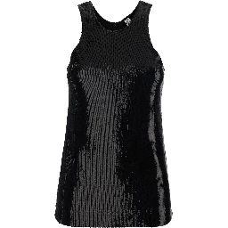 Black Top with Round Neck and All-Over Sequins Decoration in Tech Fabric for Women