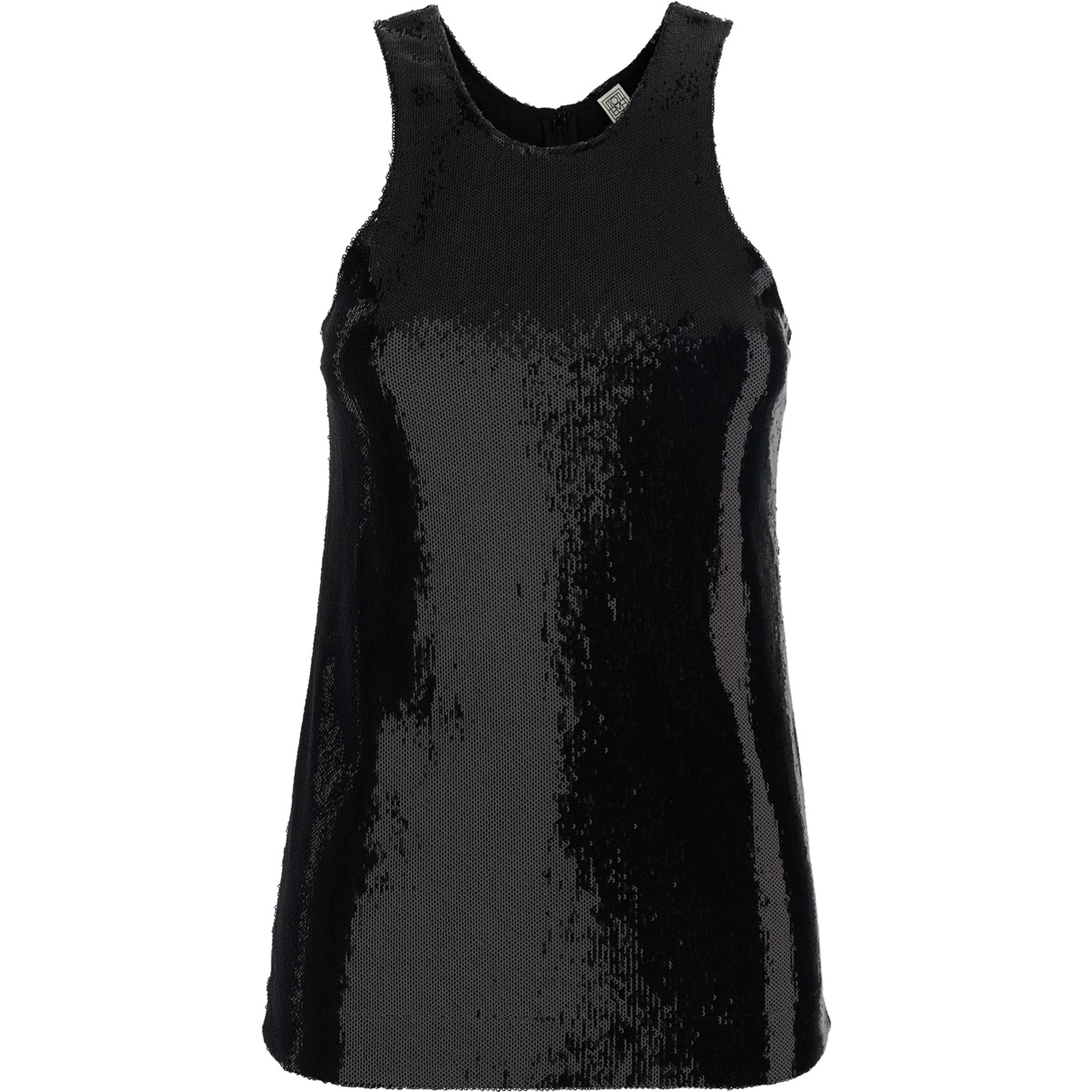 Black Top with Round Neck and All-Over Sequins Decoration in Tech Fabric for Women