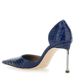 DOrsay Blue Pumps with Stiletto Heel and Crocodile-Embossed Effect in Leather for Women