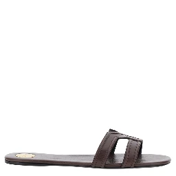 Brown MABROUKA Sandals with Rounded Toe and Thick Double Strap in Leather for Women