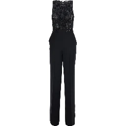 Black Sleeveless Jumpsuit with Round Neck and Lace Embroidery on the Upper Part in Stretch Tech Fabric for Women
