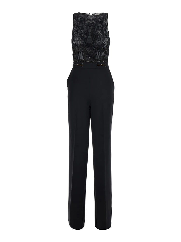 Black Sleeveless Jumpsuit with Round Neck and Lace Embroidery on the Upper Part in Stretch Tech Fabric for Women