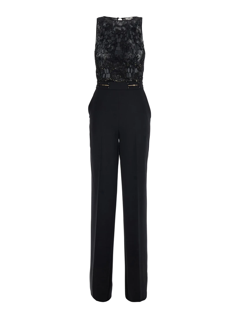 Black Sleeveless Jumpsuit with Round Neck and Lace Embroidery on the Upper Part in Stretch Tech Fabric for Women