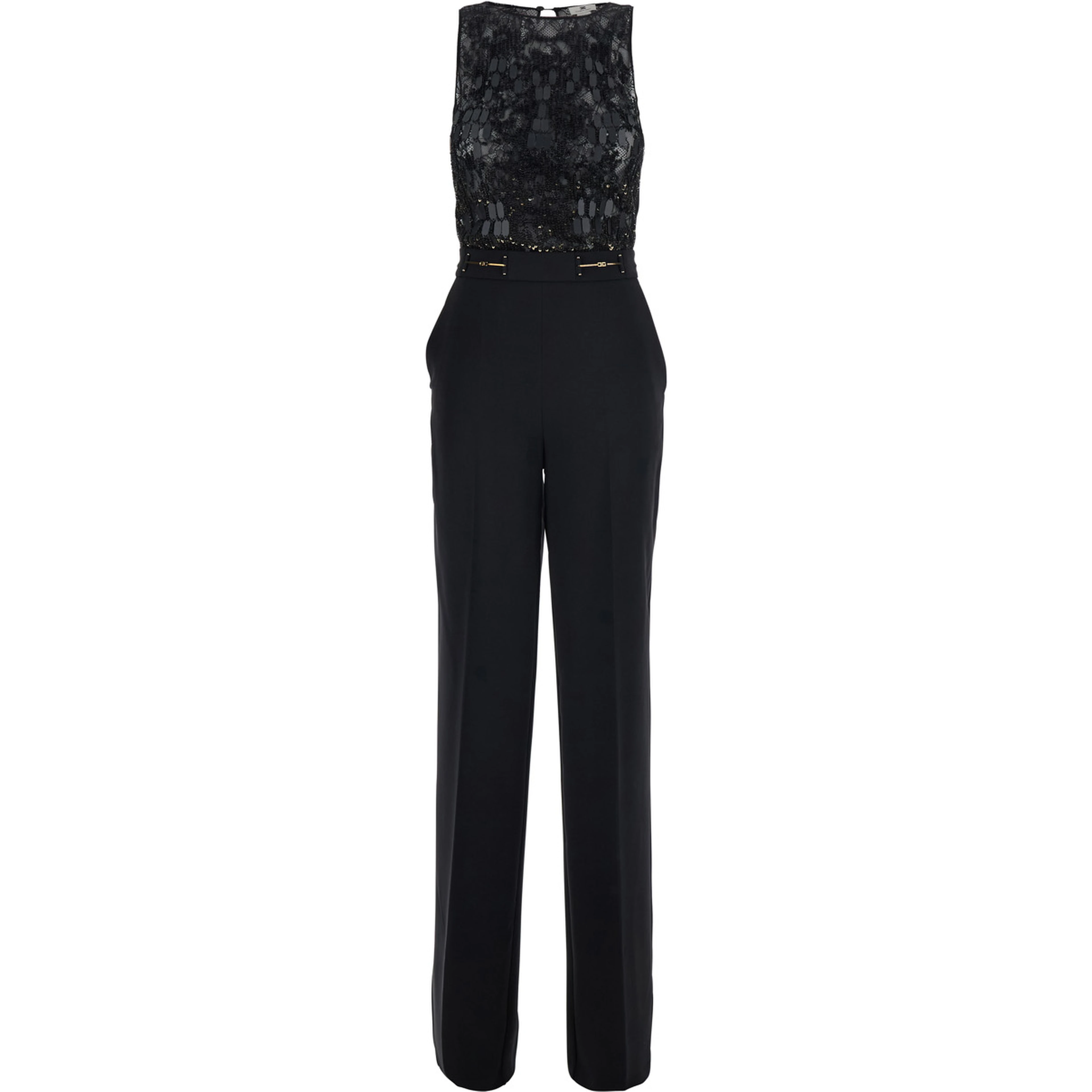 Black Sleeveless Jumpsuit with Round Neck and Lace Embroidery on the Upper Part in Stretch Tech Fabric for Women