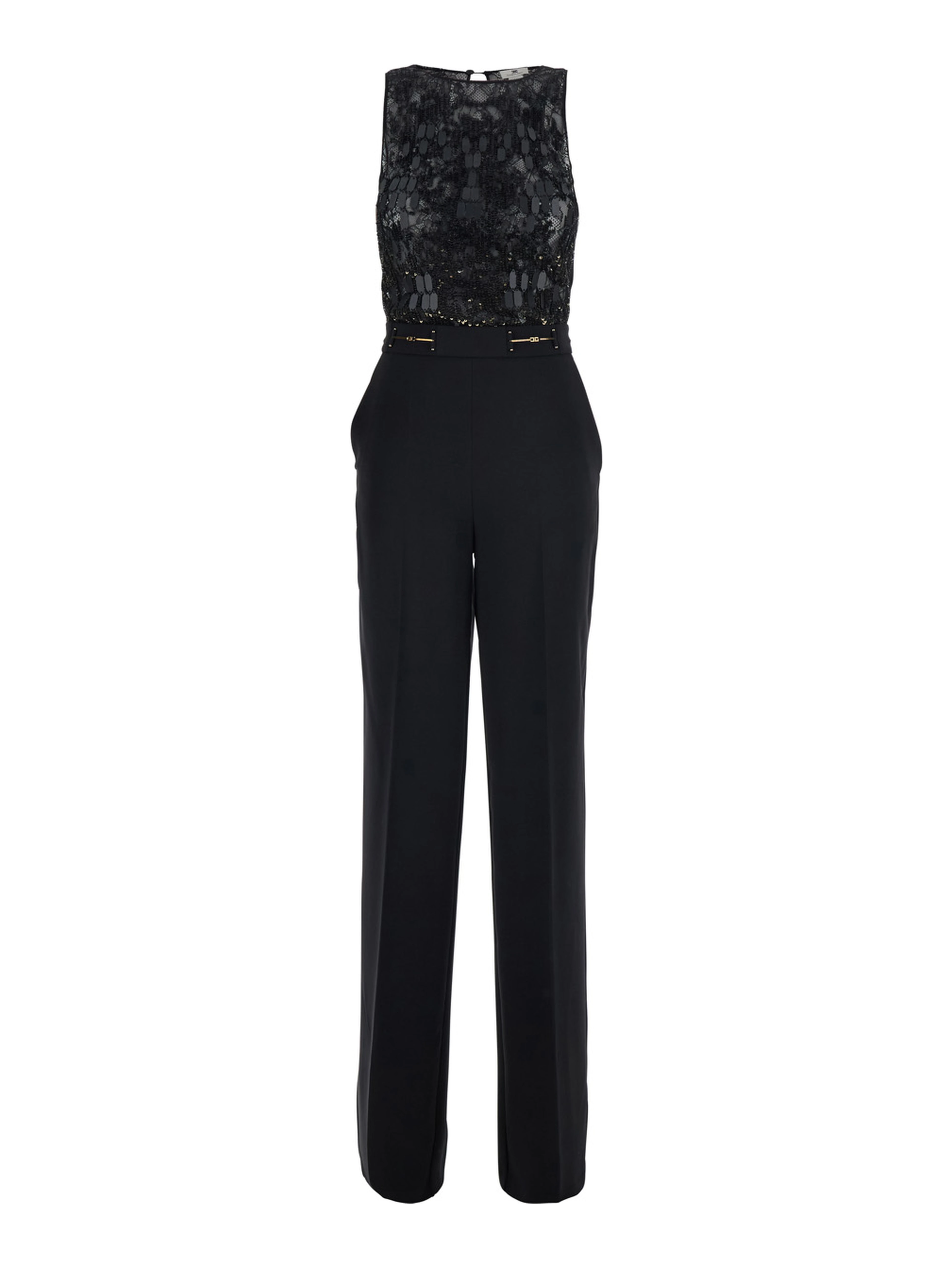 Black Sleeveless Jumpsuit with Round Neck and Lace Embroidery on the Upper Part in Stretch Tech Fabric for Women