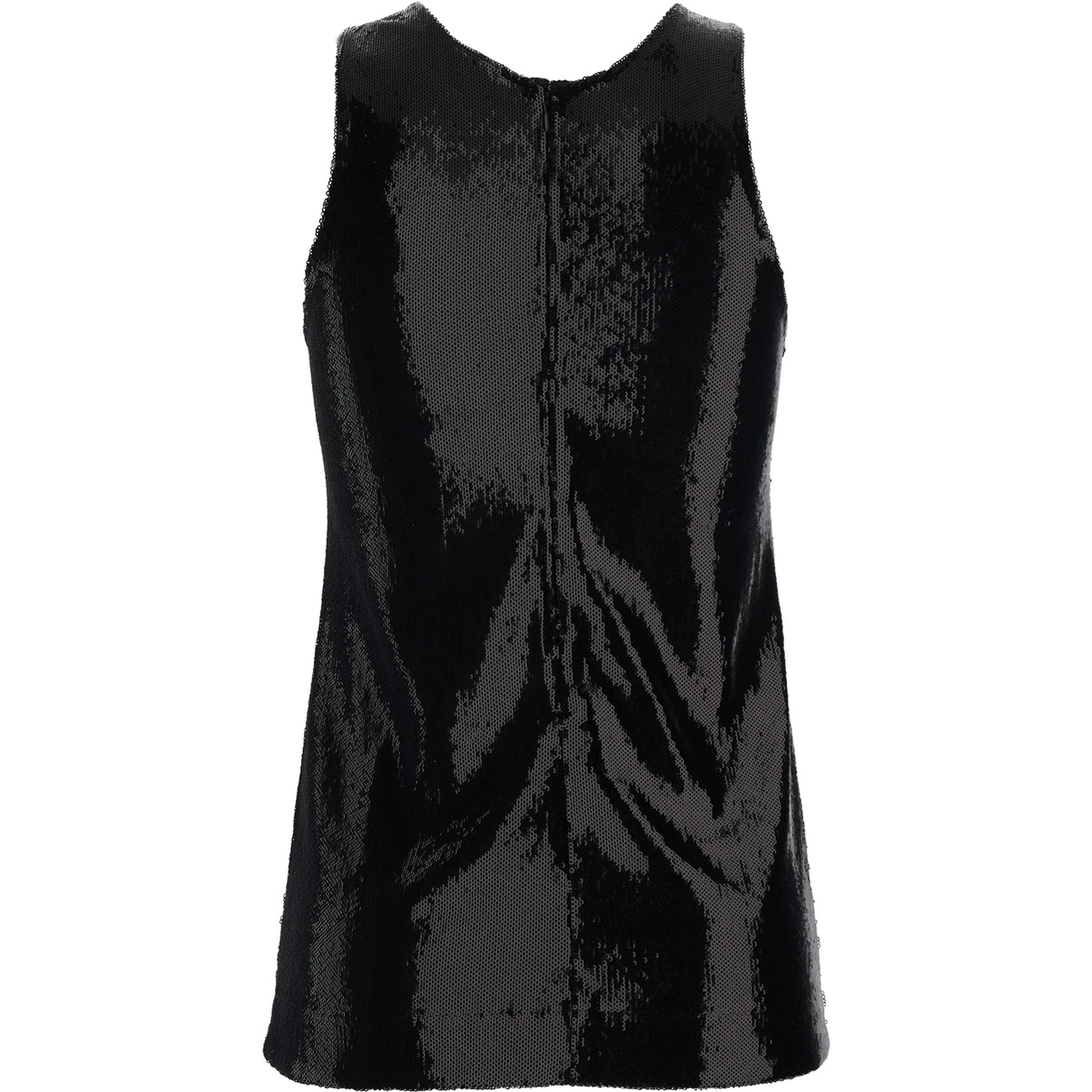Black Top with Round Neck and All-Over Sequins Decoration in Tech Fabric for Women