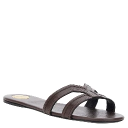Brown MABROUKA Sandals with Rounded Toe and Thick Double Strap in Leather for Women
