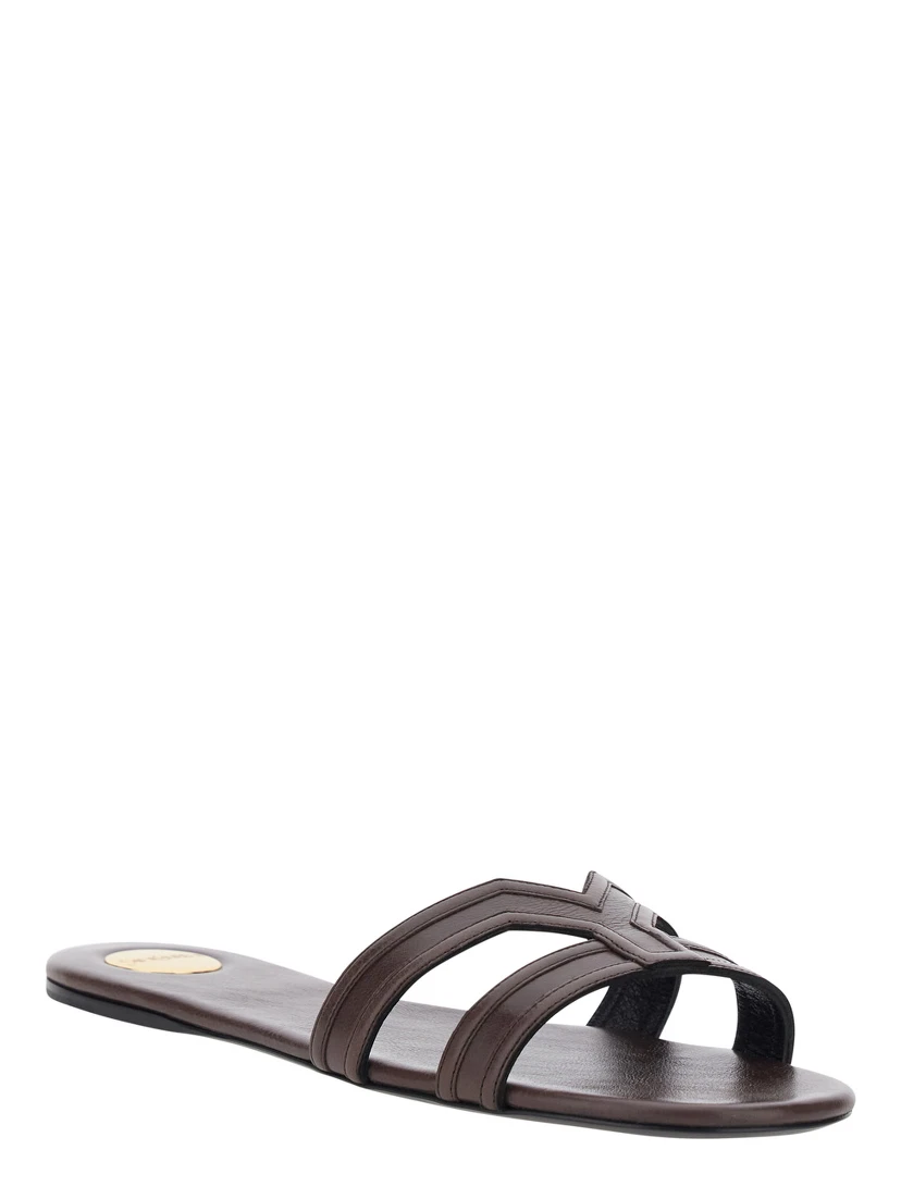 Brown MABROUKA Sandals with Rounded Toe and Thick Double Strap in Leather for Women