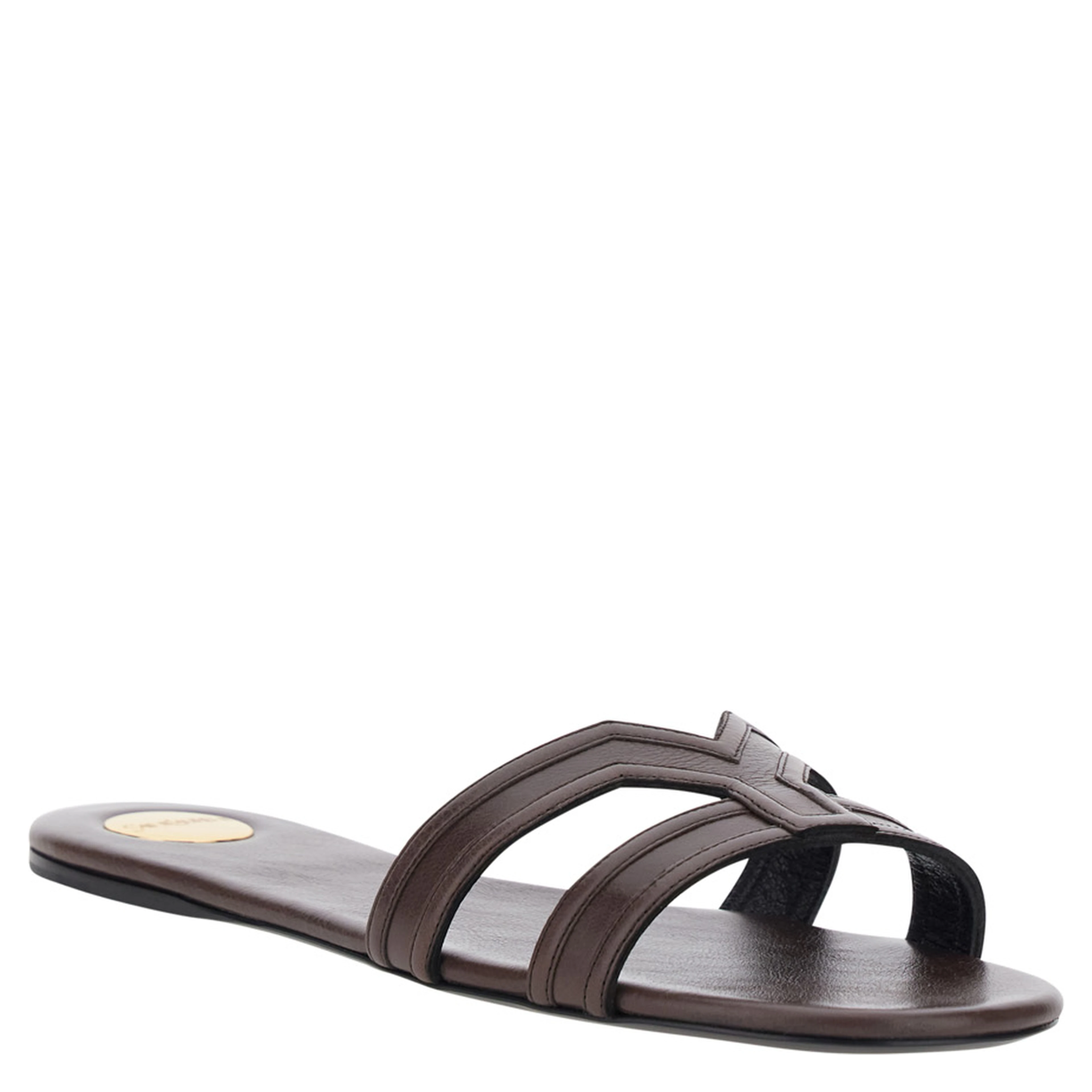 Brown MABROUKA Sandals with Rounded Toe and Thick Double Strap in Leather for Women