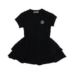 Crew Neck Dress with Logo Patch on the Front and Wide Skirt in Baby Blue Stretch Cotton