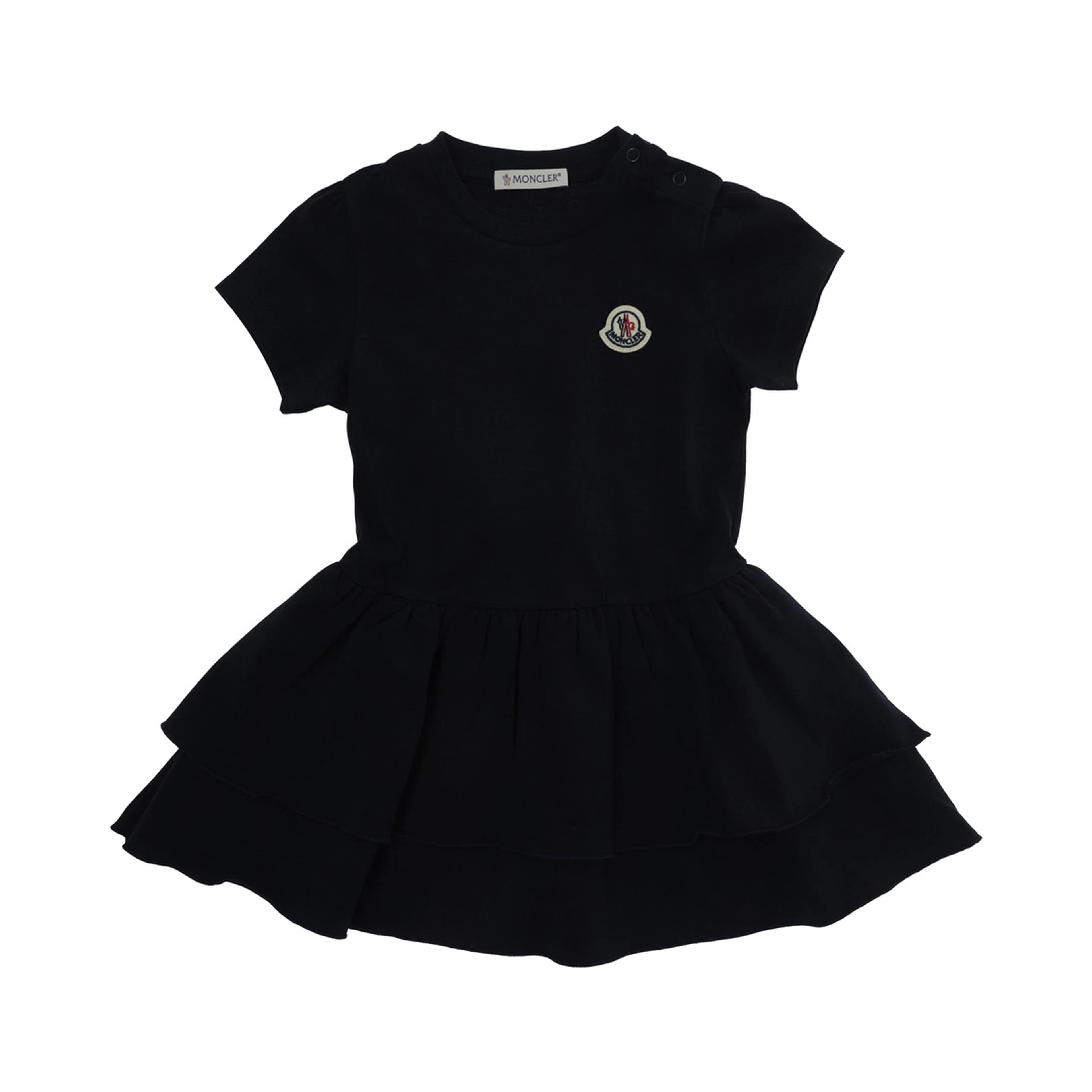 Crew Neck Dress with Logo Patch on the Front and Wide Skirt in Baby Blue Stretch Cotton