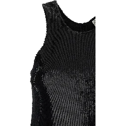 Black Top with Round Neck and All-Over Sequins Decoration in Tech Fabric for Women