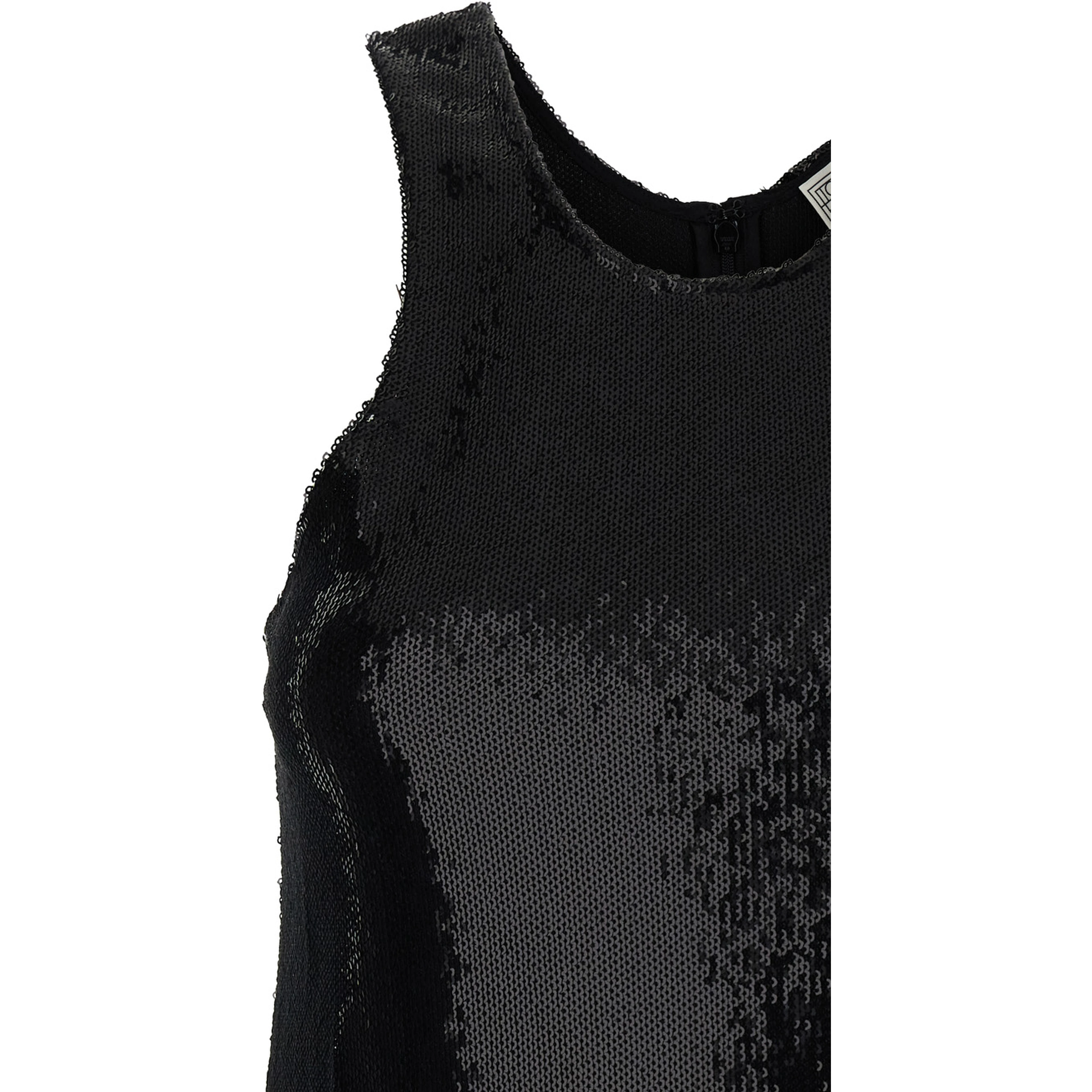 Black Top with Round Neck and All-Over Sequins Decoration in Tech Fabric for Women