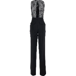 Black Sleeveless Jumpsuit with Round Neck and Lace Embroidery on the Upper Part in Stretch Tech Fabric for Women