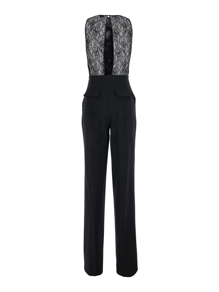 Black Sleeveless Jumpsuit with Round Neck and Lace Embroidery on the Upper Part in Stretch Tech Fabric for Women alternative