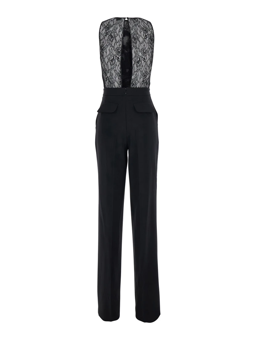 Black Sleeveless Jumpsuit with Round Neck and Lace Embroidery on the Upper Part in Stretch Tech Fabric for Women