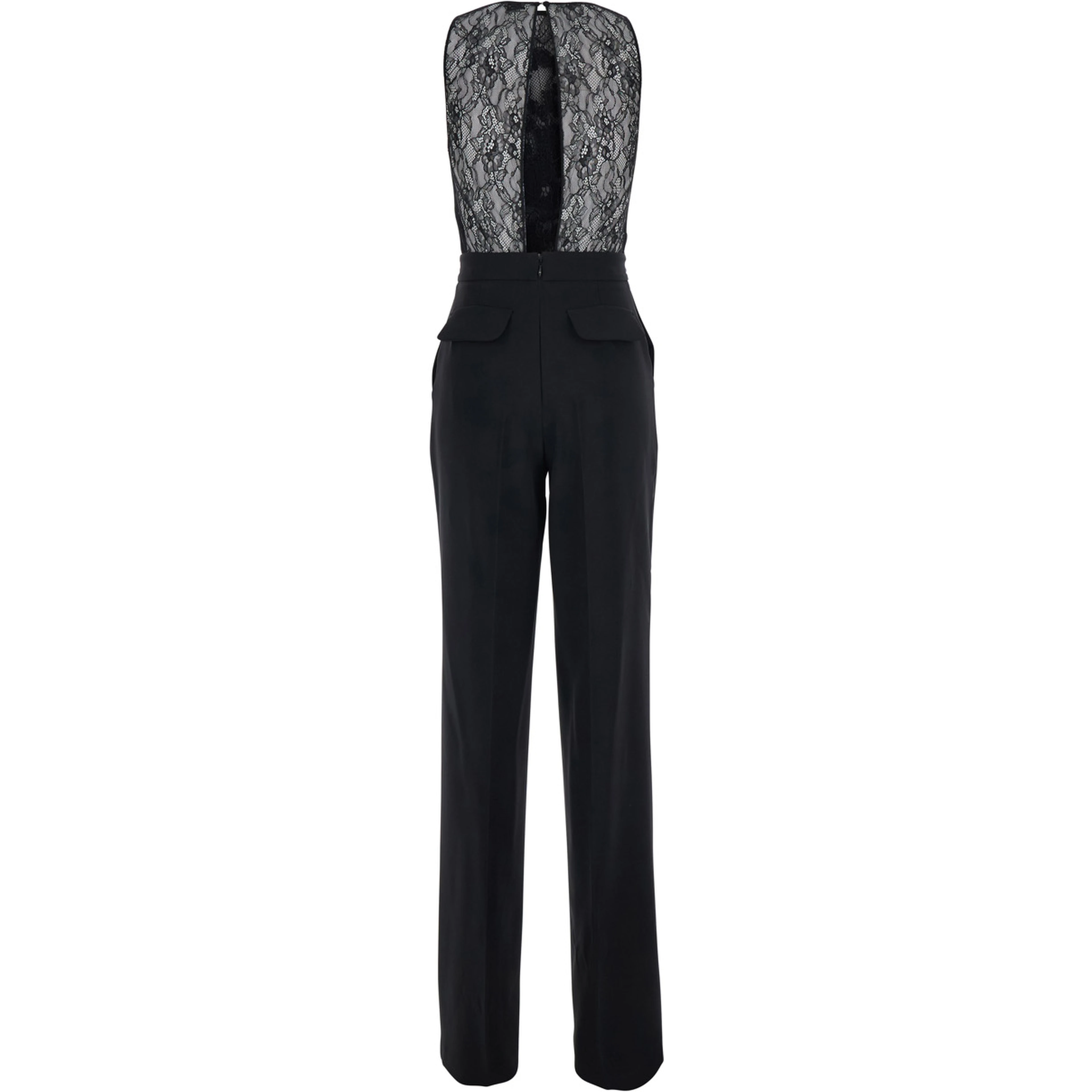Black Sleeveless Jumpsuit with Round Neck and Lace Embroidery on the Upper Part in Stretch Tech Fabric for Women