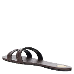 Brown MABROUKA Sandals with Rounded Toe and Thick Double Strap in Leather for Women