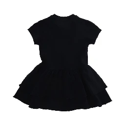 Crew Neck Dress with Logo Patch on the Front and Wide Skirt in Baby Blue Stretch Cotton