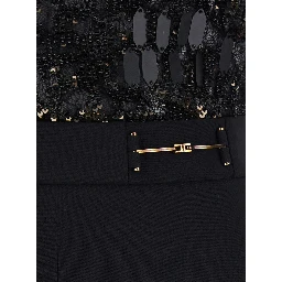 Black Sleeveless Jumpsuit with Round Neck and Lace Embroidery on the Upper Part in Stretch Tech Fabric for Women