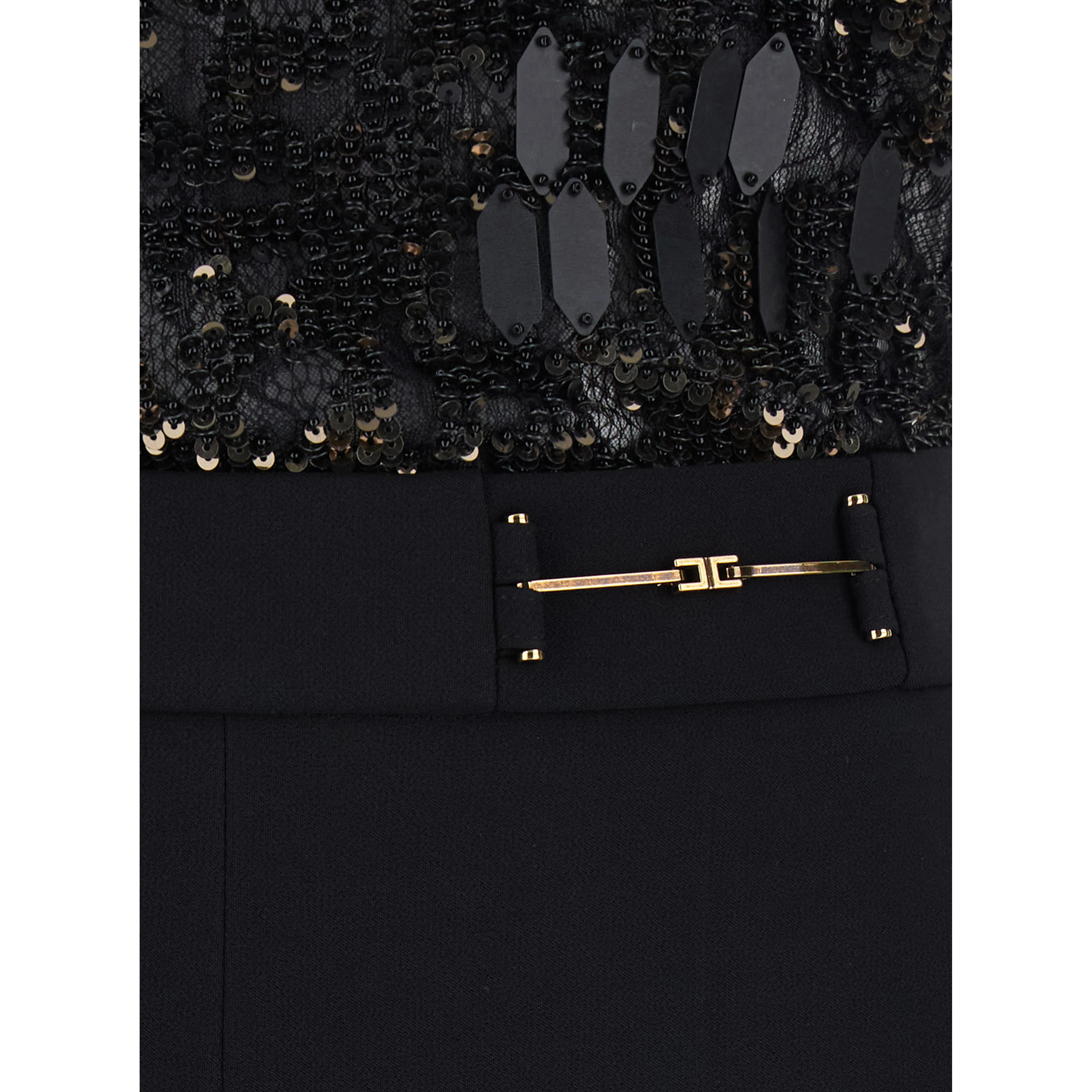 Black Sleeveless Jumpsuit with Round Neck and Lace Embroidery on the Upper Part in Stretch Tech Fabric for Women