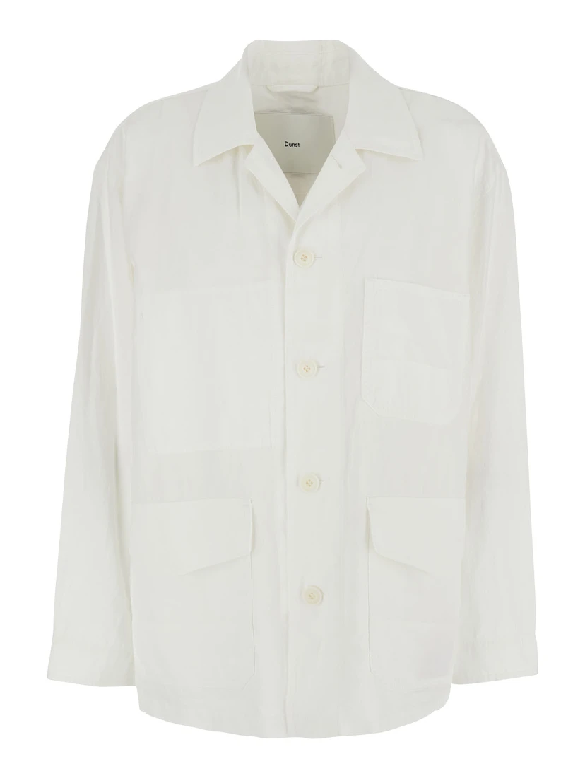 White Jacket with Wide Collar and Three Patch Pockets on the Front in Cotton Blend for Women