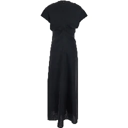 Black Dress Long Crew Neck and Zip Closure in Wool for Woman