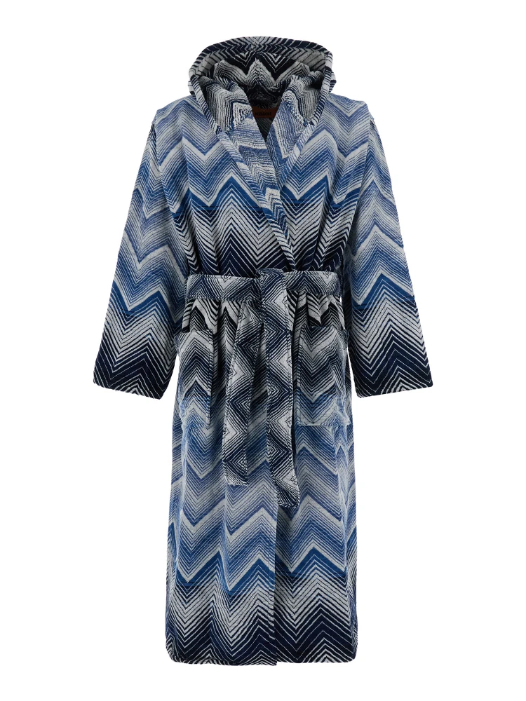 Blue Hooded Bathrobe with Zig Zag Design in Fabric Home
