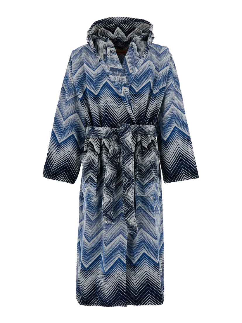 Blue Hooded Bathrobe with Zig Zag Design in Fabric Home