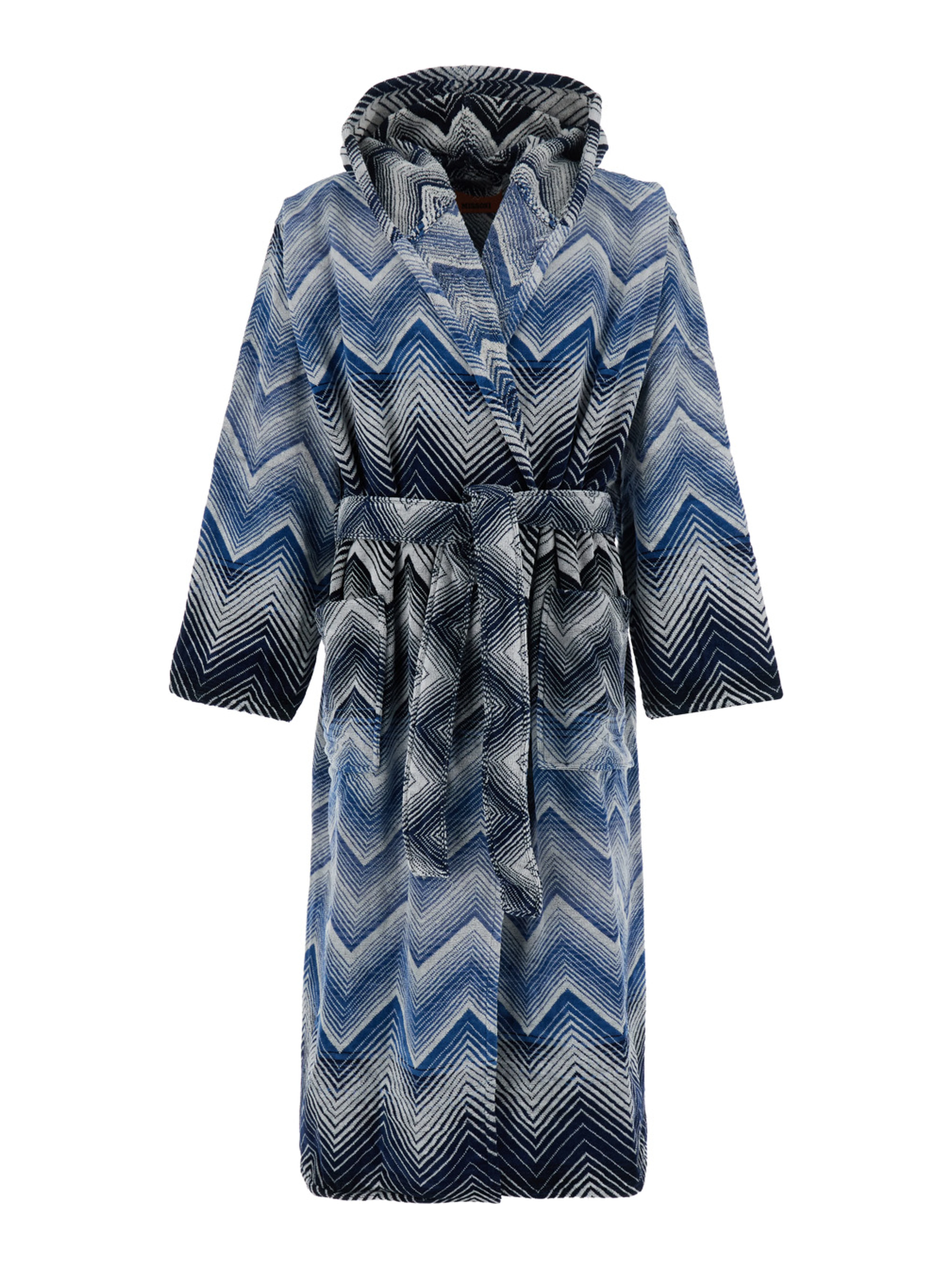 Blue Hooded Bathrobe with Zig Zag Design in Fabric Home