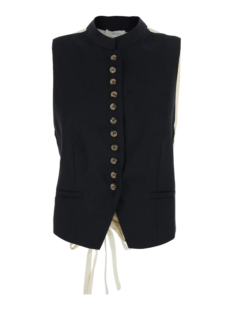 Linnea Black Crew Neck Vest with Bow on the Back in Fabric for Women