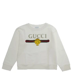 White Crewneck Sweatshirt with Front Logo and Web Detail in Cotton Girl