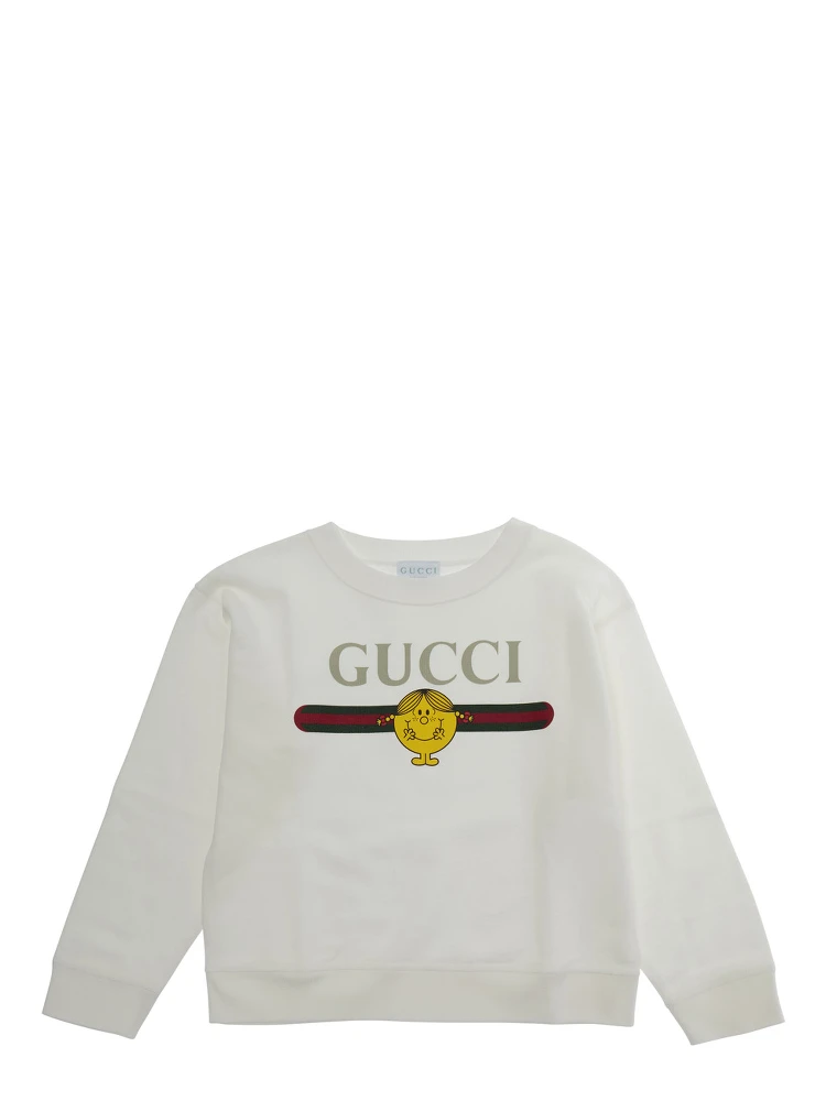 White Crewneck Sweatshirt with Front Logo and Web Detail in Cotton Girl