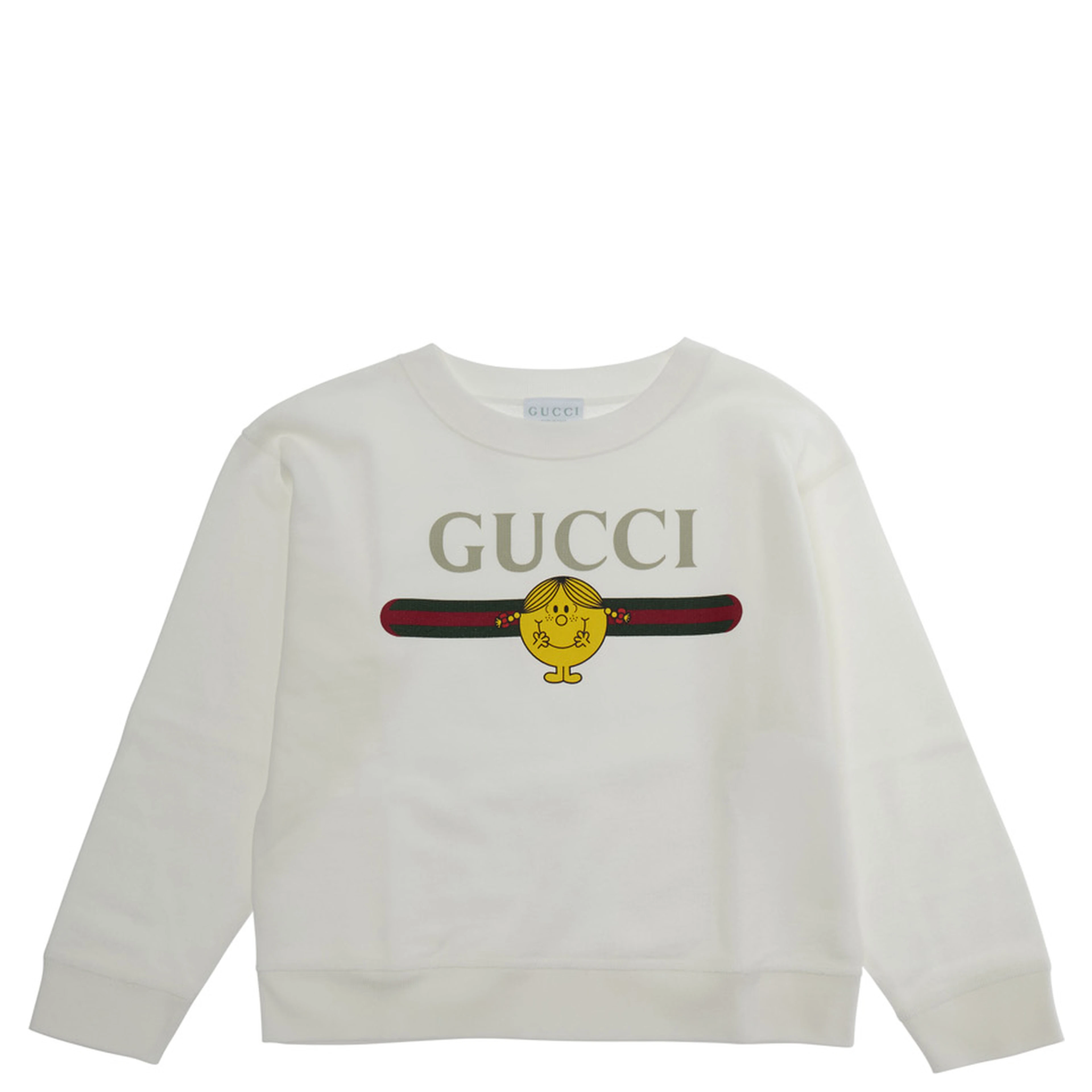 White Crewneck Sweatshirt with Front Logo and Web Detail in Cotton Girl