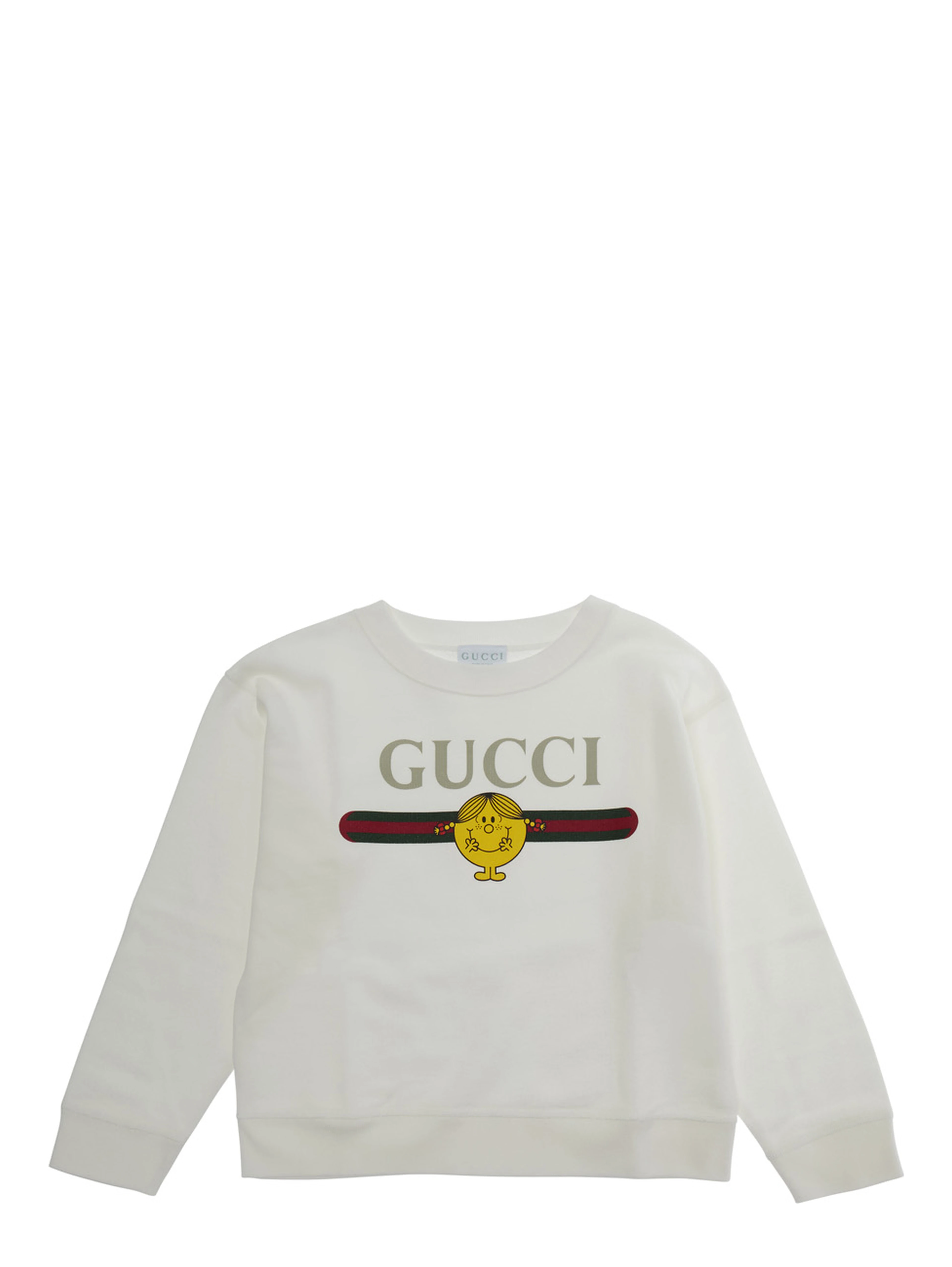 White Crewneck Sweatshirt with Front Logo and Web Detail in Cotton Girl