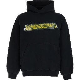 Black Messy Spray Hoodie with Fixed Hood in Cotton Men