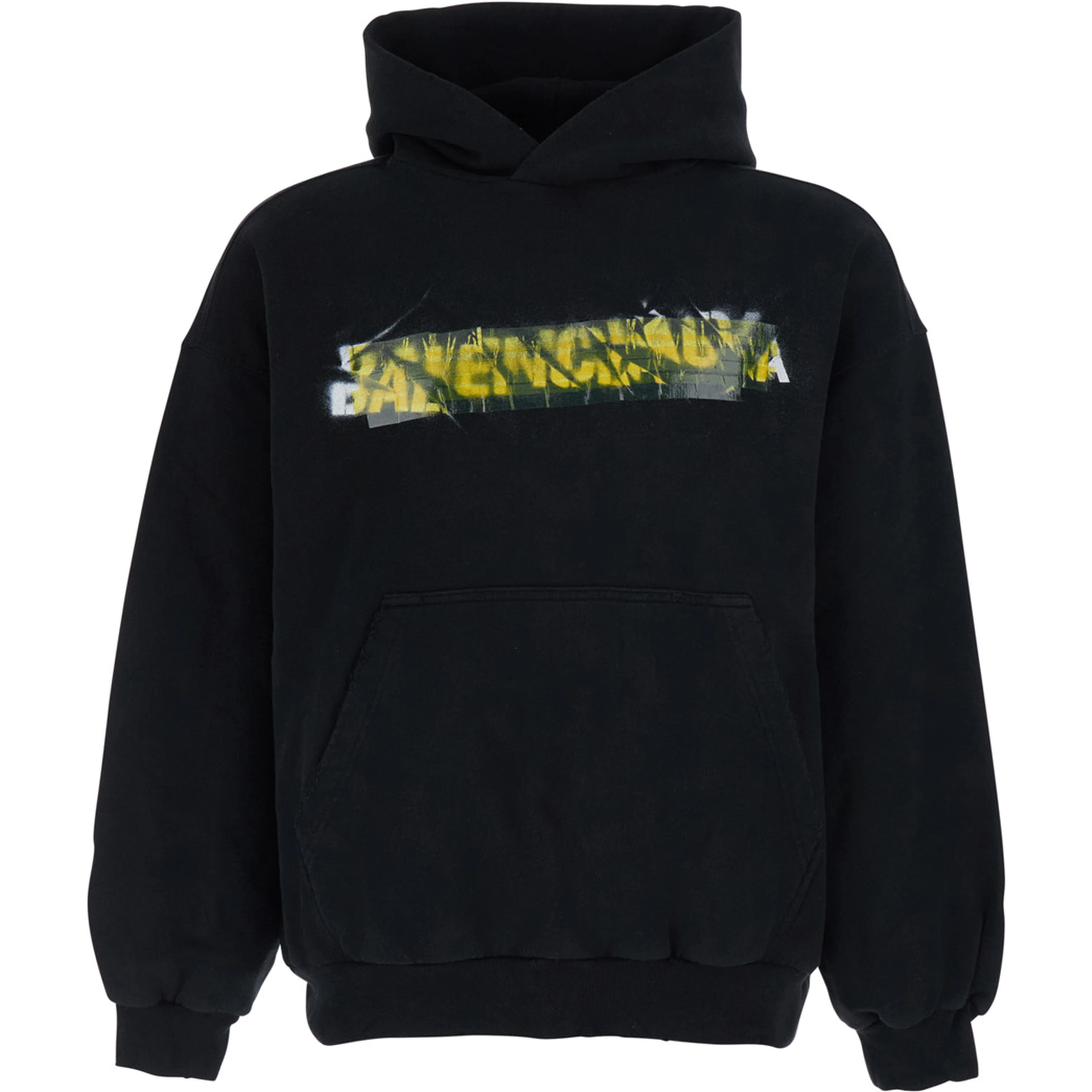 Black Messy Spray Hoodie with Fixed Hood in Cotton Men